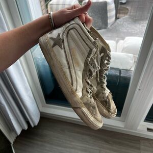 Golden Goose Distressed White and Gray Slide Sneakera